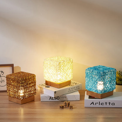 Luces de escritorio LED cuadradas regulables tejidas a mano, hilo de mimbre de madera, lámpara de mesa con carga USB, regalo para dormitorio de niñas, decoración del hogar, iluminación nocturna