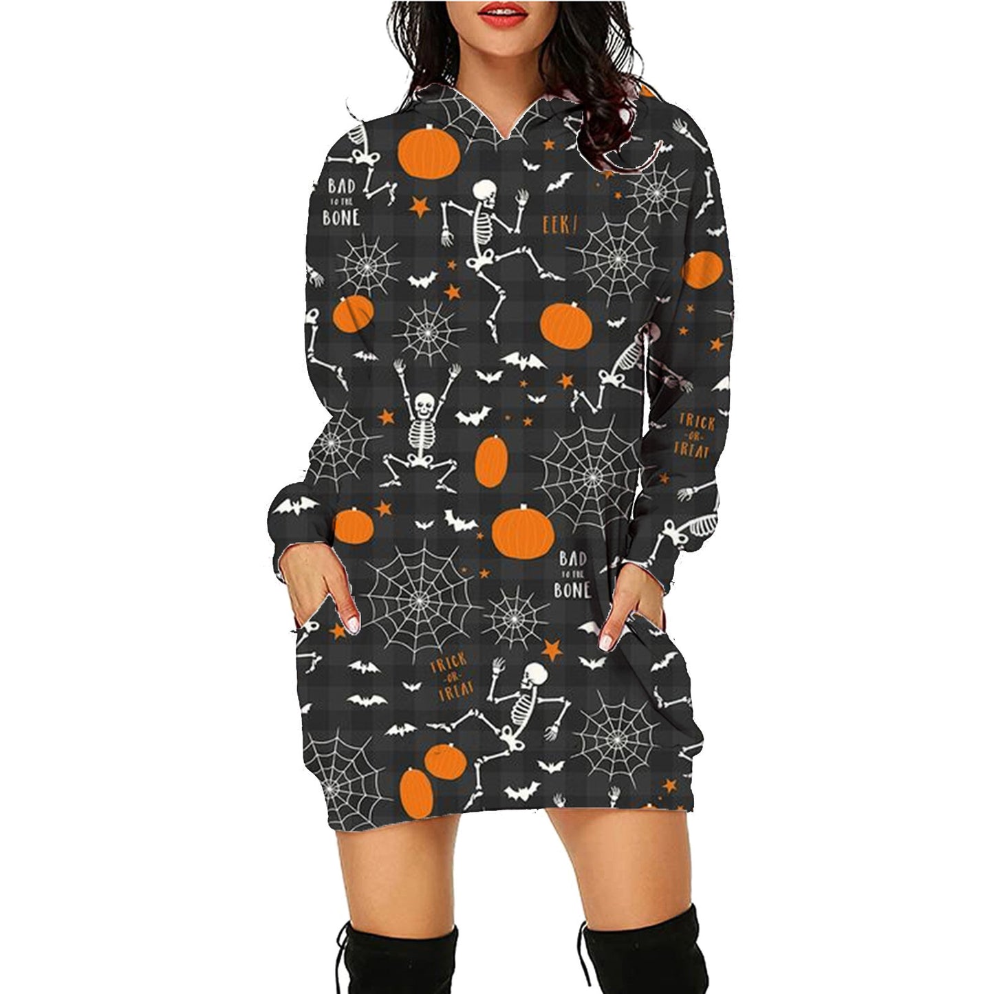 Sudadera con capucha larga con estampado de Halloween y bolsillos, suéter de manga larga, ropa para mujer