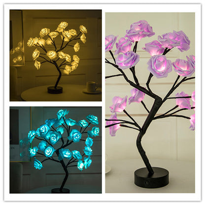 Lámpara de flores rosas, lámpara de mesa LED con batería USB, luces nocturnas de árbol bonsái, guirnalda de luces decorativas para dormitorio, decoración del hogar