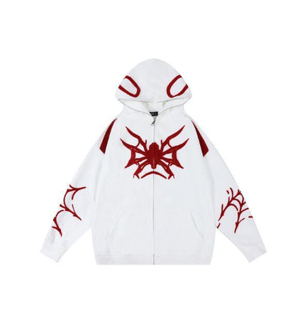 Sudadera con capucha y cremallera estilo hip hop con diseño de telaraña para Halloween