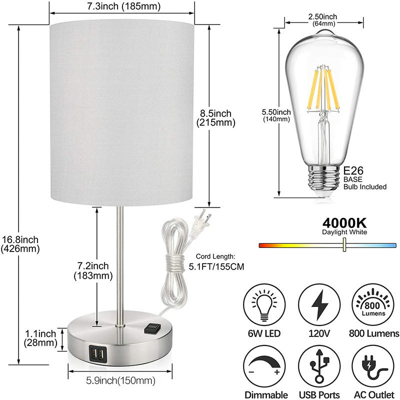 Cubierta de tela con carga USB, lámpara de mesa con atenuación, luz LED nocturna para dormitorio y cabecera