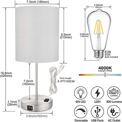 Cubierta de tela con carga USB, lámpara de mesa con atenuación, luz LED nocturna para dormitorio y cabecera