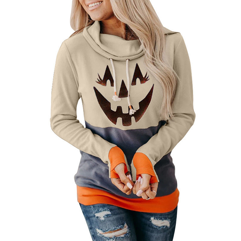 Halloween Long Sleeve Sweater Women Christmas Cartoon Pattern Contrast Color High Neck Pullover Ladies