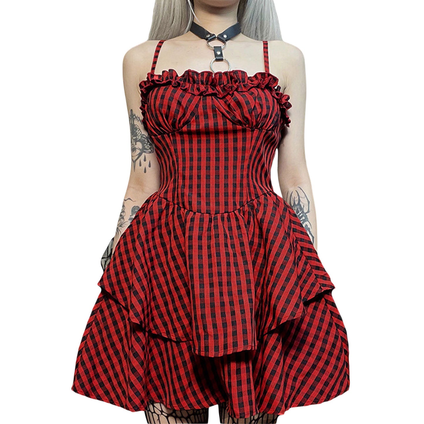 Waist-tight Halloween Dark Plaid Sling Lace Puff Dress