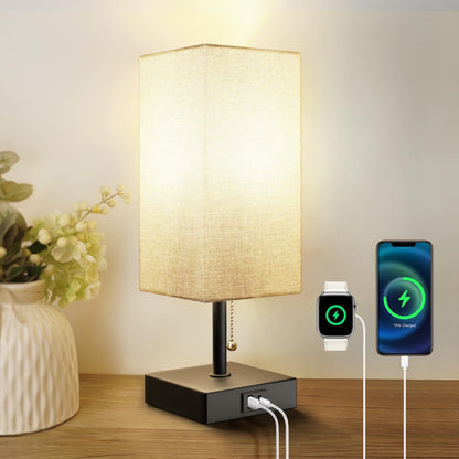 Lampe de table de chevet avec 3 niveaux de luminosité, petite lampe avec USB C et A, lampe de chevet avec chaîne de traction, lampe de chambre à coucher pour vivre, lire, travailler