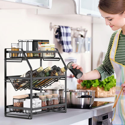 Organizador De Especias, Organizador De Condimentos De 3 Niveles, Estante De Especias De Cocina, Organizador De Encimera para Baño, Tocador, Cocina-Negro