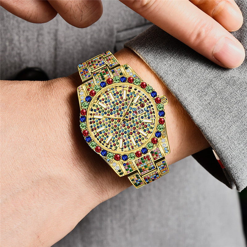 Hip Hop Hommes Mode Couleur Pleine Diamant Date Montres À Quartz