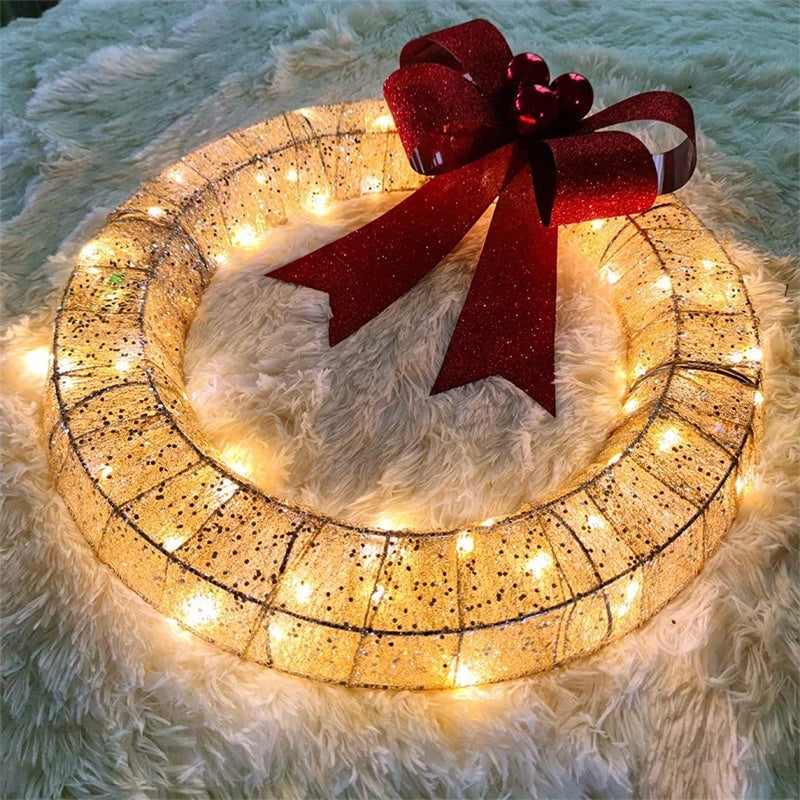 Guirlande De Noël 50CM Lumineux LED Lumière Chaude Couronne Lumineuse En Métal Avec Grand Bowknot Porte D'entrée De Noël Maison Fête De Vacances Porte Suspendue Décor