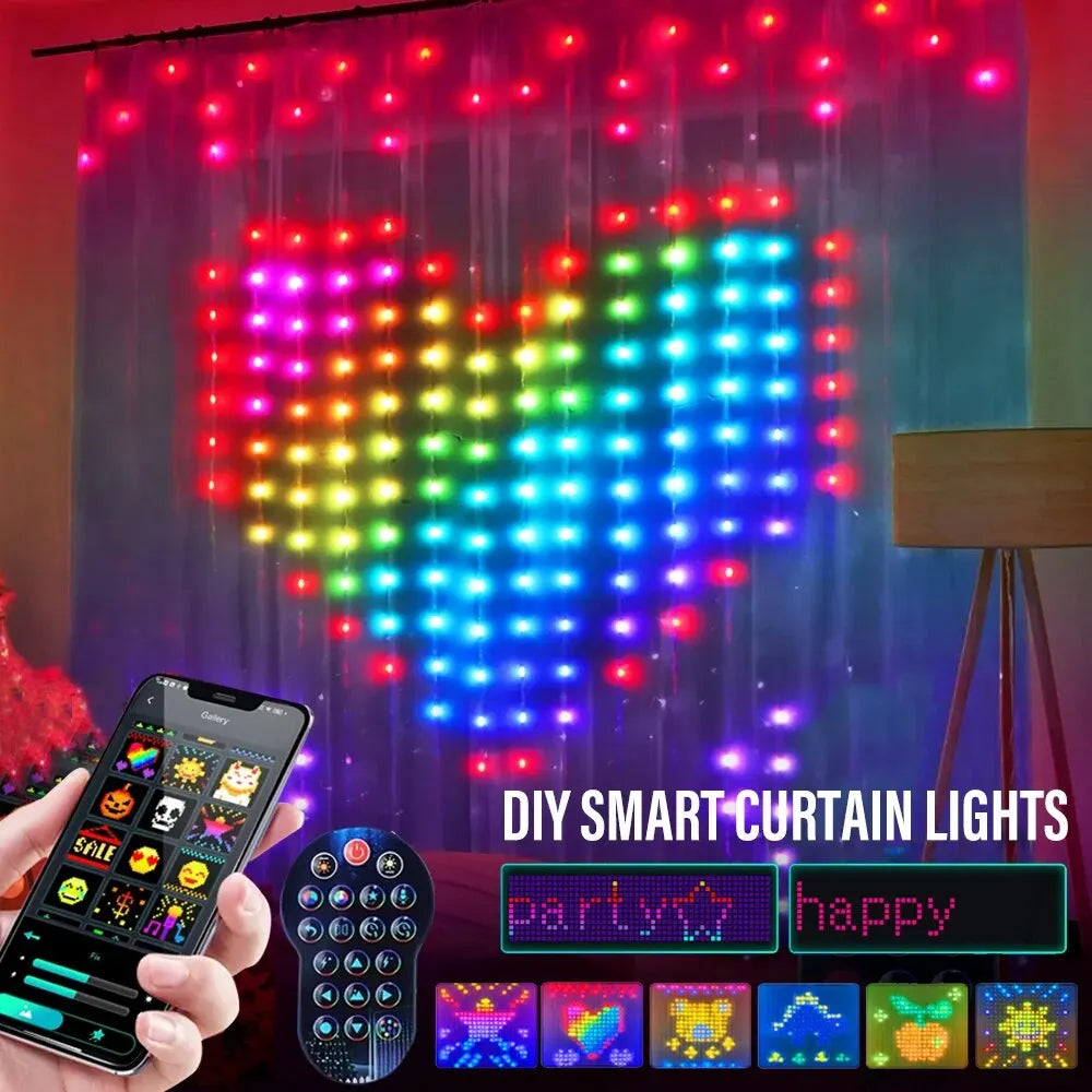 Tira de luces LED RGB inteligente para cortina, guirnalda de luces navideñas con Control por aplicación Bluetooth, pantalla de imagen artesanal, decoración para fiestas y bodas