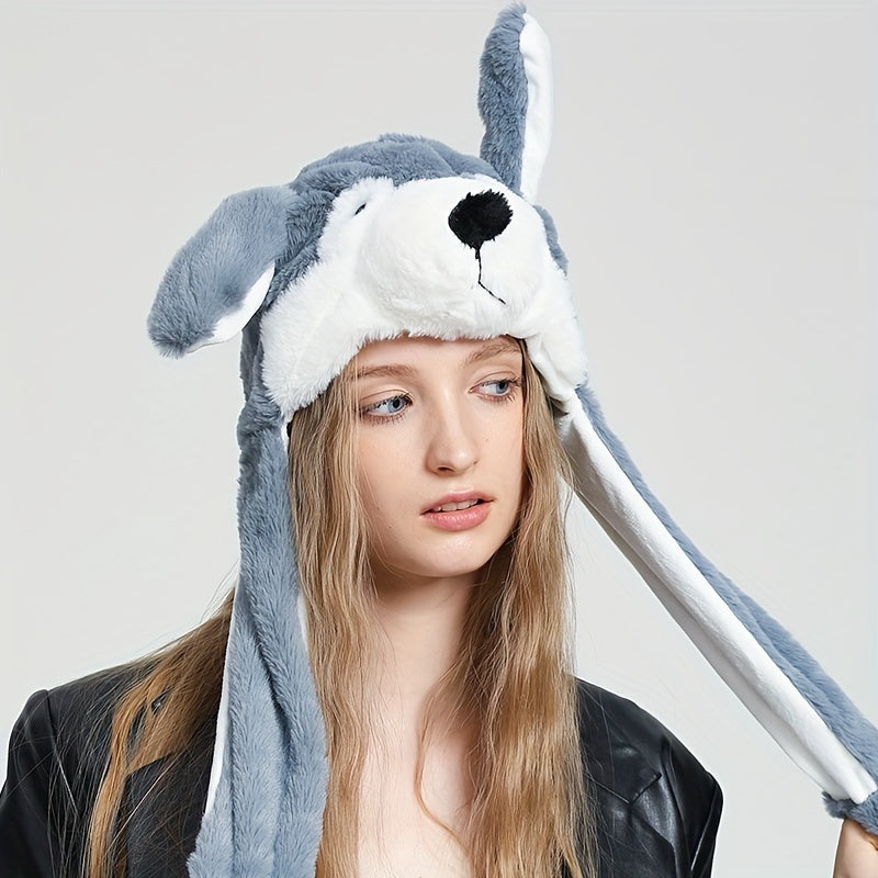 Lindo gorro con orejas móviles de animal, lindo gorro de peluche con forma de panda, perro, rana, cachorro, gorro con orejeras para fiesta de Halloween y cosplay para mujer