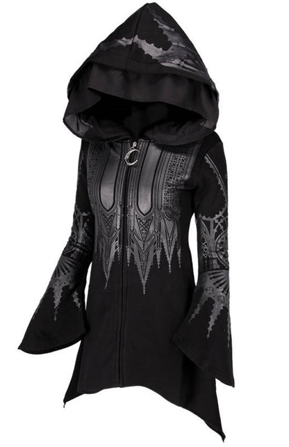 Halloween Cosplay Hoodie Women's Punk Black Long Hooded Printed Sweater