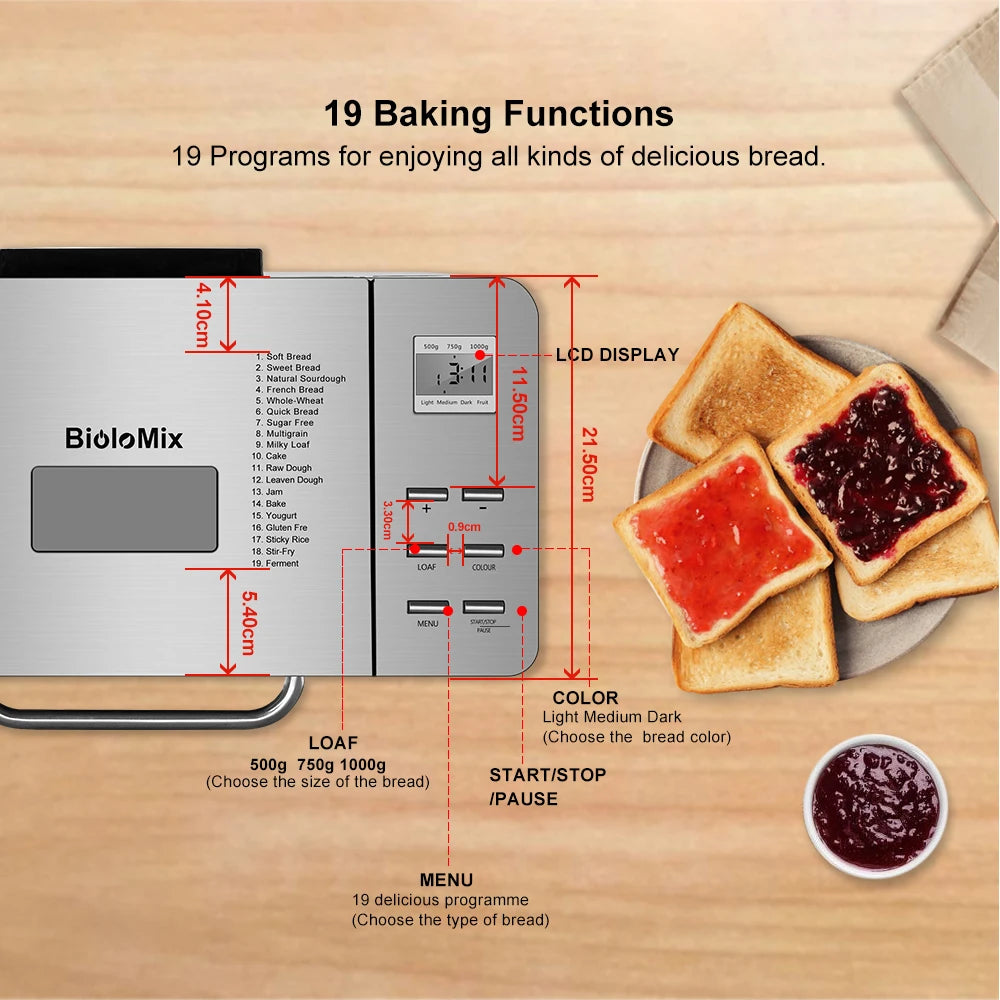 Biolomix Máquina para hacer pan automática 19 en 1 de acero inoxidable, 1KG, 650W, programable, con dispensador de frutas y nueces de 3 tamaños