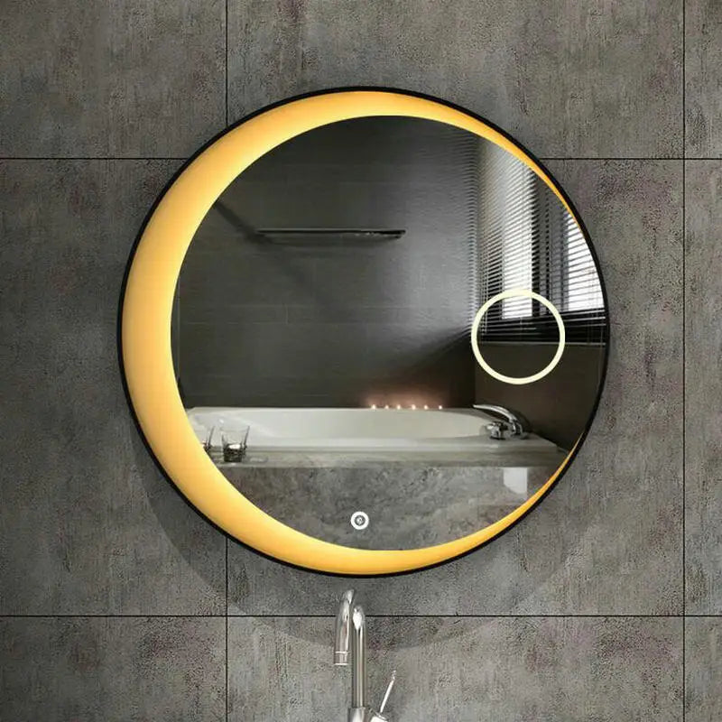 Miroir de lune à lumières LED 60cm 70cm 80cm, miroir argenté à réflexion de haute qualité avec cadre en acier noir, miroir de salle de bains rond