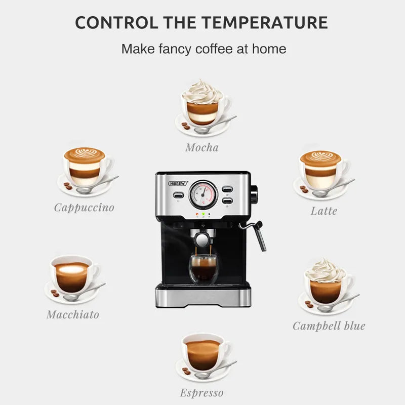 HiBREW Coffee Machine Cafetera 20 Bar Espresso inox Semi Automatic Expresso Cappuccino Hot Water Steam Temperature Display H5