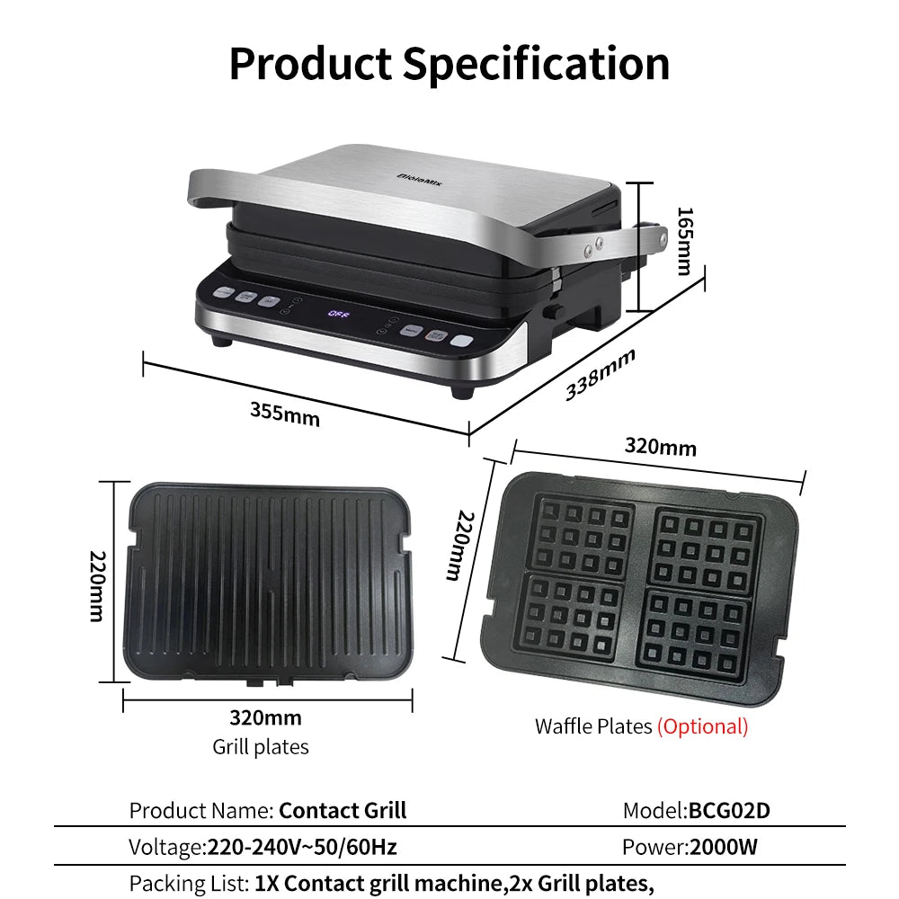 BioloMix Grill à contact électrique 2000 W, plaque de cuisson numérique et presse à panini, plaques à gaufres en option, ouvre le barbecue à 180 degrés