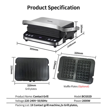 BioloMix 2000W Electric Contact Grill Digital Griddle and Panini Press, Optional Waffle Maker Plates, Opens 180 Degree Barbecue