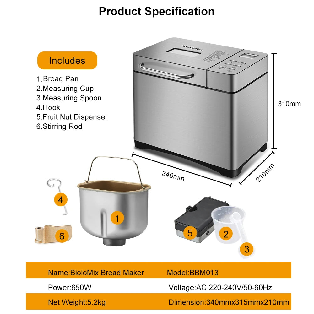 Biolomix Máquina para hacer pan automática 19 en 1 de acero inoxidable, 1KG, 650W, programable, con dispensador de frutas y nueces de 3 tamaños