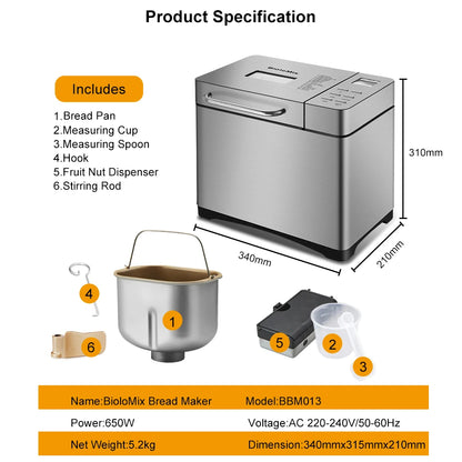 Biolomix Máquina para hacer pan automática 19 en 1 de acero inoxidable, 1KG, 650W, programable, con dispensador de frutas y nueces de 3 tamaños