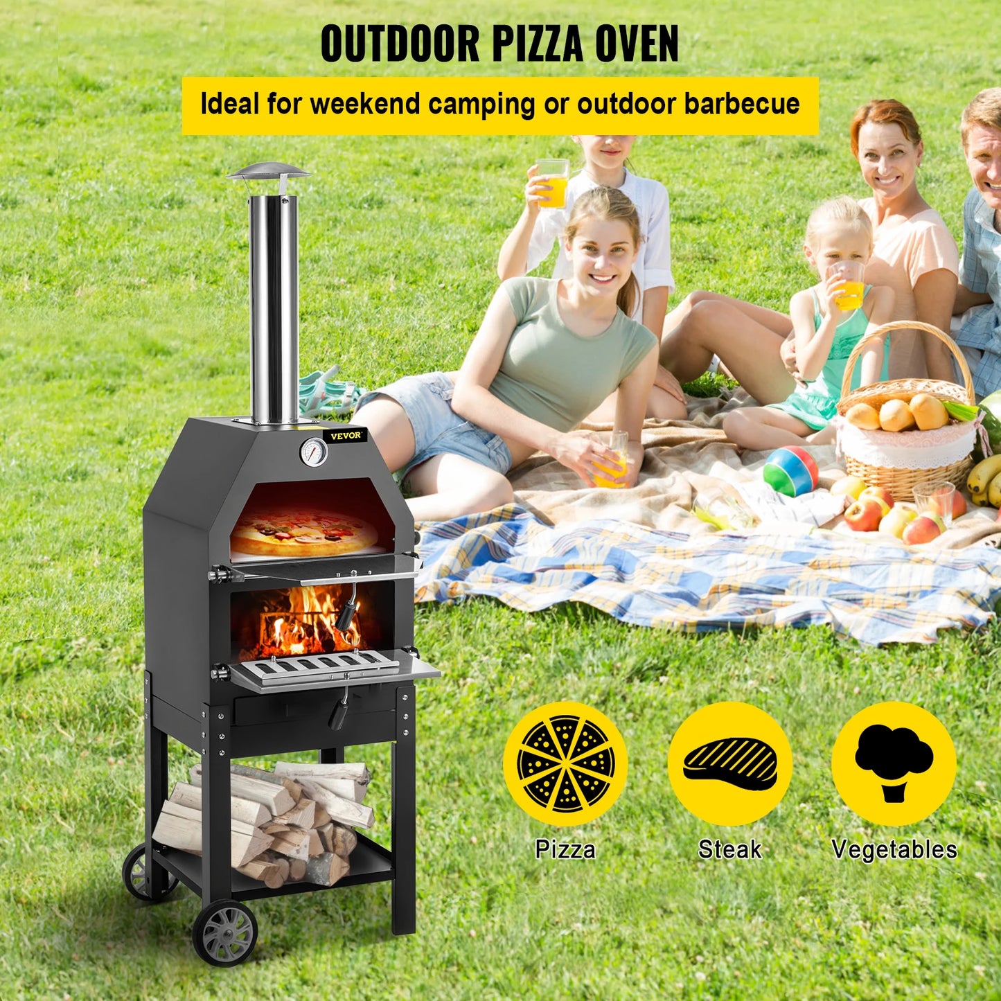 VEVOR Horno de pizza frito de madera de 12 pulgadas con ruedas y mango, portátil de 2 capas que ahorra mano de obra para patio trasero, camping, parque, hornear al aire libre