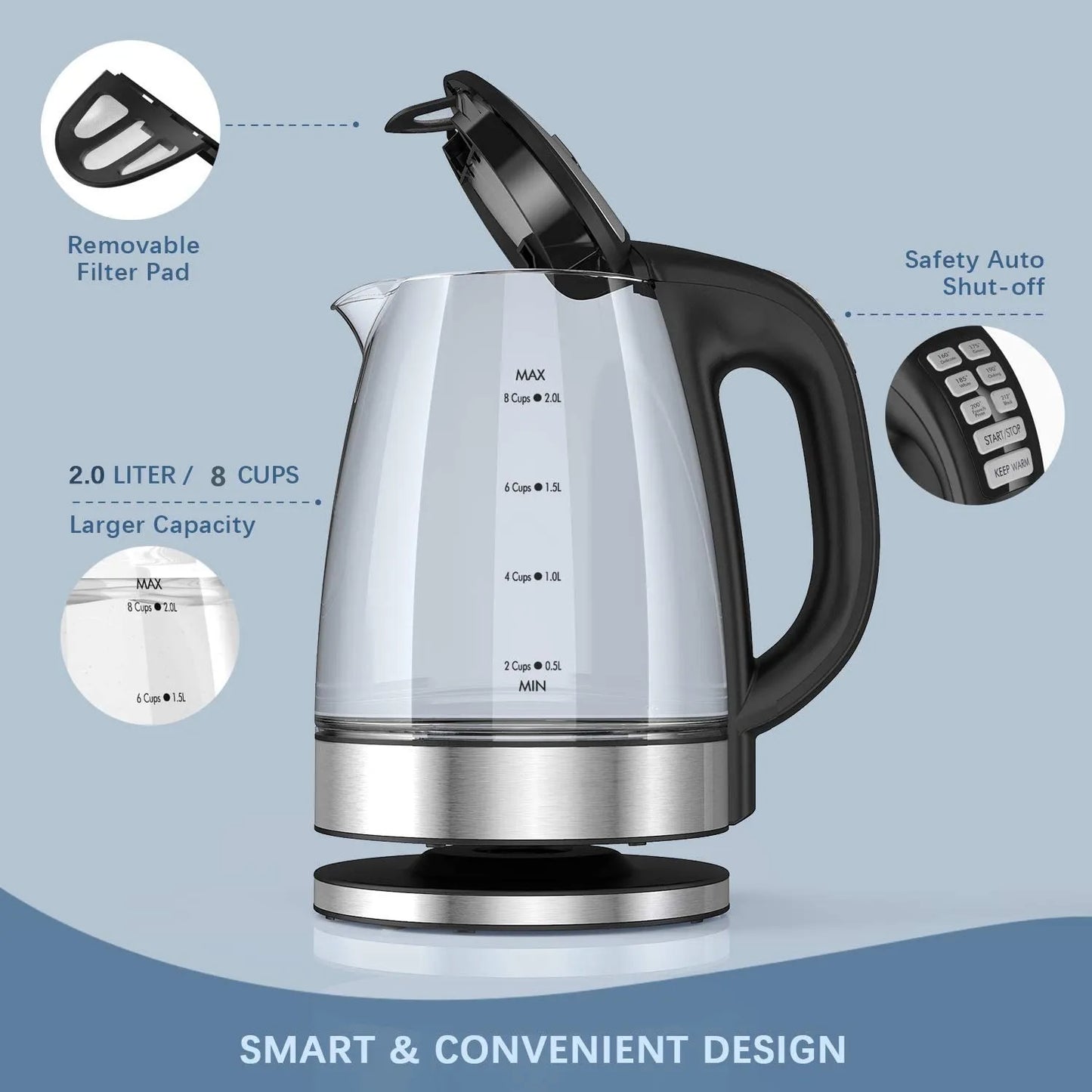 DEVISIB Hervidor eléctrico Control de temperatura 4 horas mantener caliente 2L vidrio té café caldera de agua caliente grado alimenticio 304 acero inoxidable