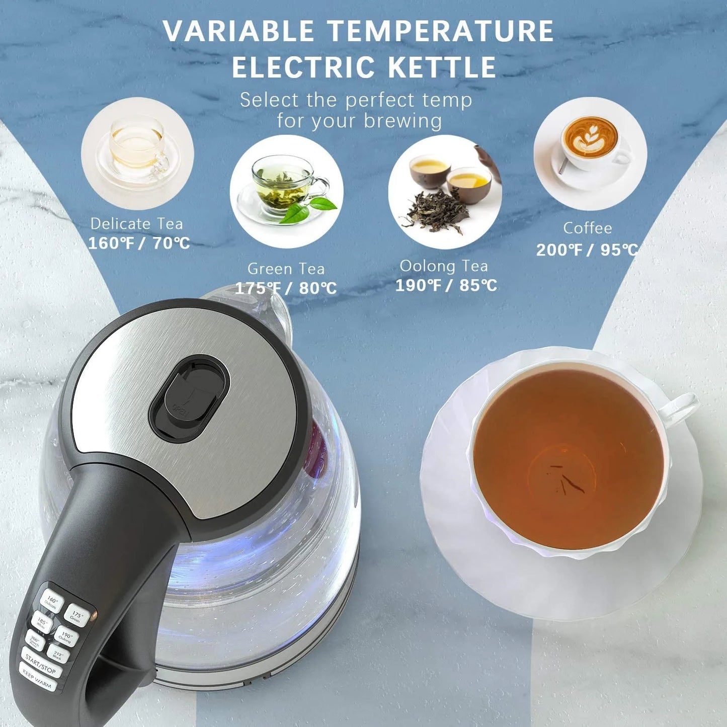 DEVISIB Hervidor eléctrico Control de temperatura 4 horas mantener caliente 2L vidrio té café caldera de agua caliente grado alimenticio 304 acero inoxidable