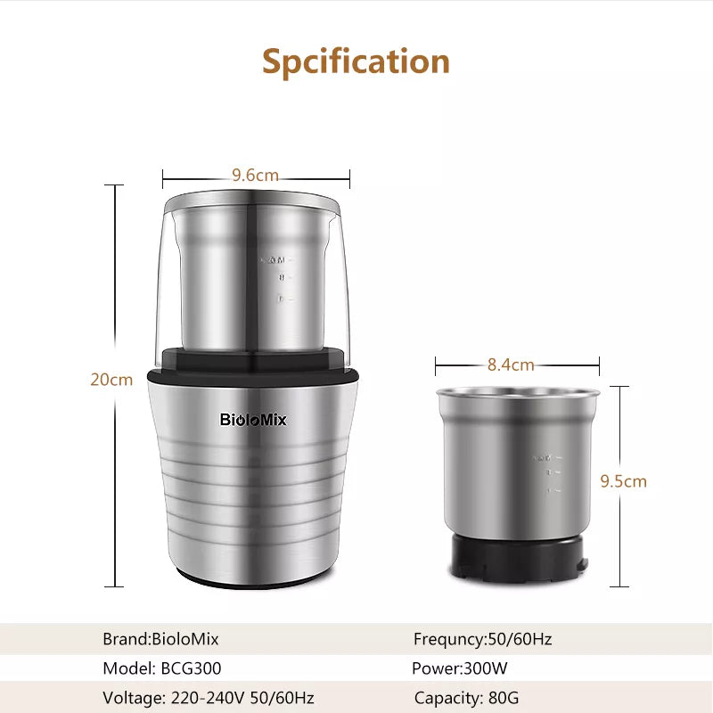 BioloMix Molinillo Eléctrico para Especias y Granos de Café, Molinillo de Café y Especias 2 en 1, Tazas Dobles Húmedas y Secas, 300W, Cuerpo de Acero Inoxidable y Cuchillas Molinero