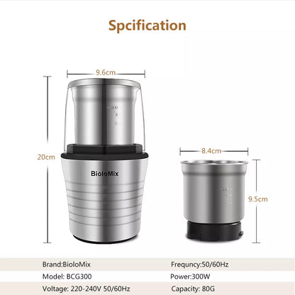 BioloMix Molinillo Eléctrico para Especias y Granos de Café, Molinillo de Café y Especias 2 en 1, Tazas Dobles Húmedas y Secas, 300W, Cuerpo de Acero Inoxidable y Cuchillas Molinero