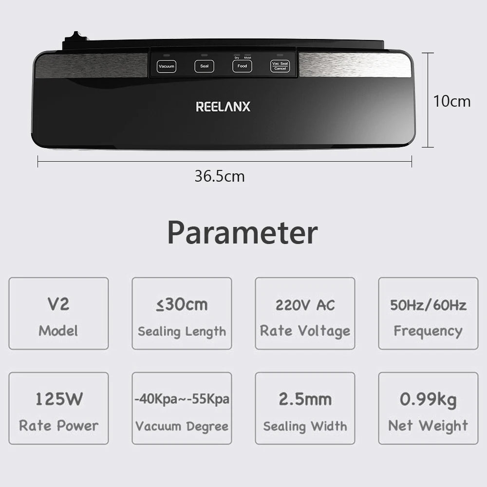 REELANX Vacuum Sealer V2 125W Built-in Cutter Automatic Food Packing Machine 10 Free Bags Best Vacuum Packer for Kitchen