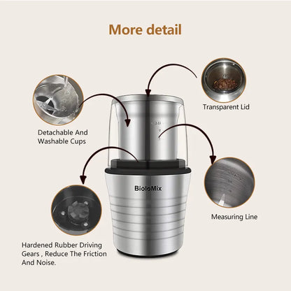 BioloMix Molinillo Eléctrico para Especias y Granos de Café, Molinillo de Café y Especias 2 en 1, Tazas Dobles Húmedas y Secas, 300W, Cuerpo de Acero Inoxidable y Cuchillas Molinero