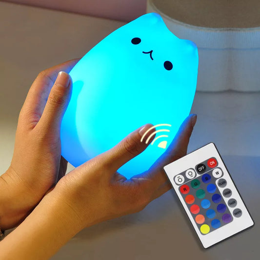 Luz LED nocturna de gato con Sensor táctil, Control remoto, 16 colores, lámpara de animales de silicona recargable por USB regulable, regalo para niños y bebés