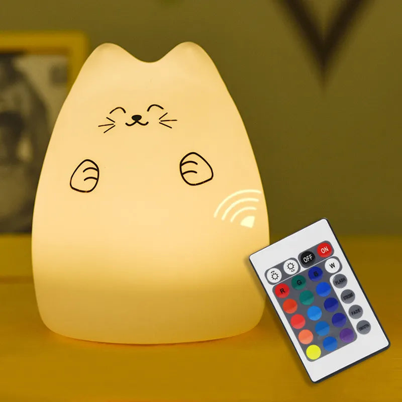 Veilleuse LED en forme de chat avec capteur tactile, télécommande, 16 couleurs, variable, USB, Rechargeable, en Silicone, lampe animale, cadeau pour enfants et bébés