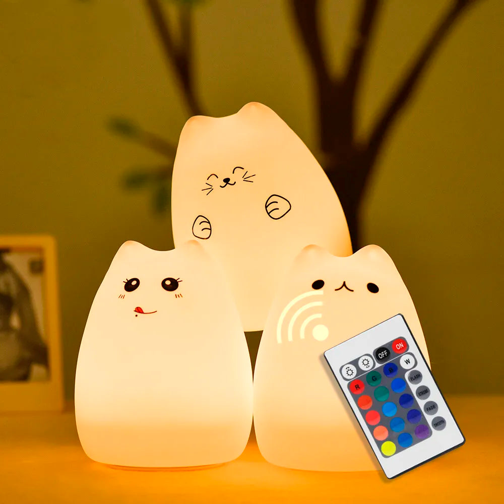 Luz LED nocturna de gato con Sensor táctil, Control remoto, 16 colores, lámpara de animales de silicona recargable por USB regulable, regalo para niños y bebés