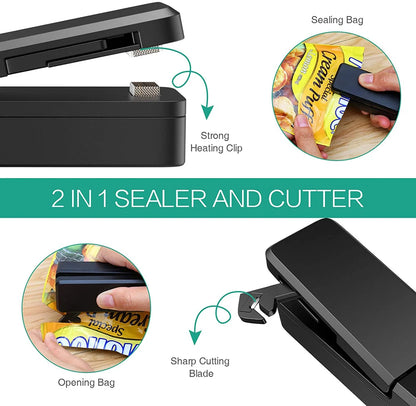 Mini Bag Sealer 2 in 1 Rechargeable Portable Bag Vacuum Heat Sealer&Cutter for Plastic Snack PVC Bags Outdoor Picnic Campaign