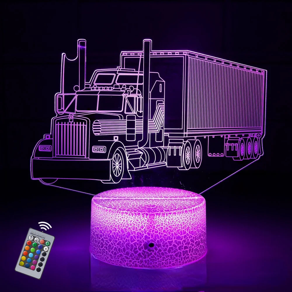 Lámpara de ilusión de camión 3D, luces Led nocturnas coloridas, lámpara de mesa para camión de bomberos, lámpara de mesita de noche con control remoto táctil, regalos para niños y bebés