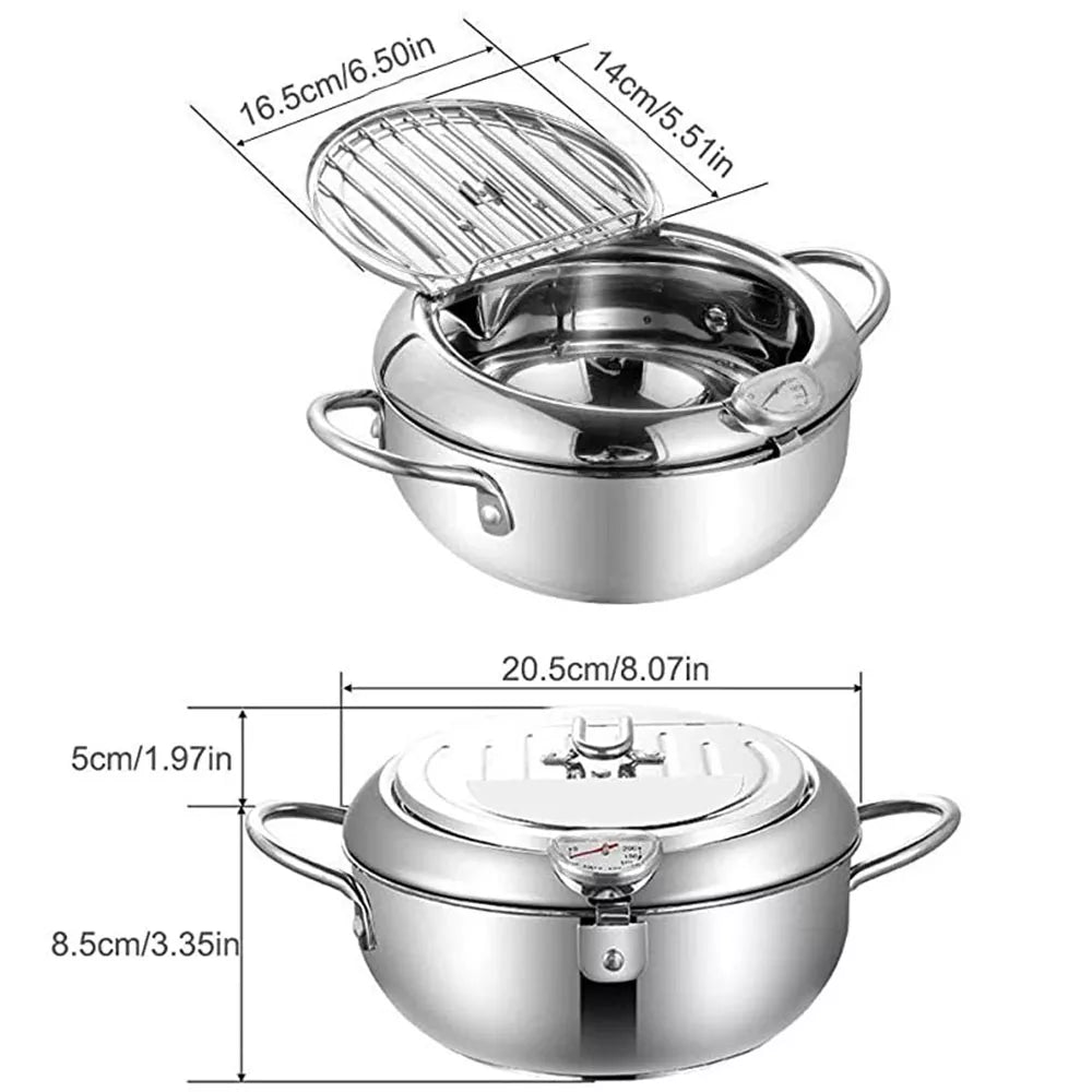 Japanese Deep Fryer With Thermometer and Lid 304 Stainless Steel Kitchen Tempura Fryer Pan Fryer Without Oil Frying Pan Fryer