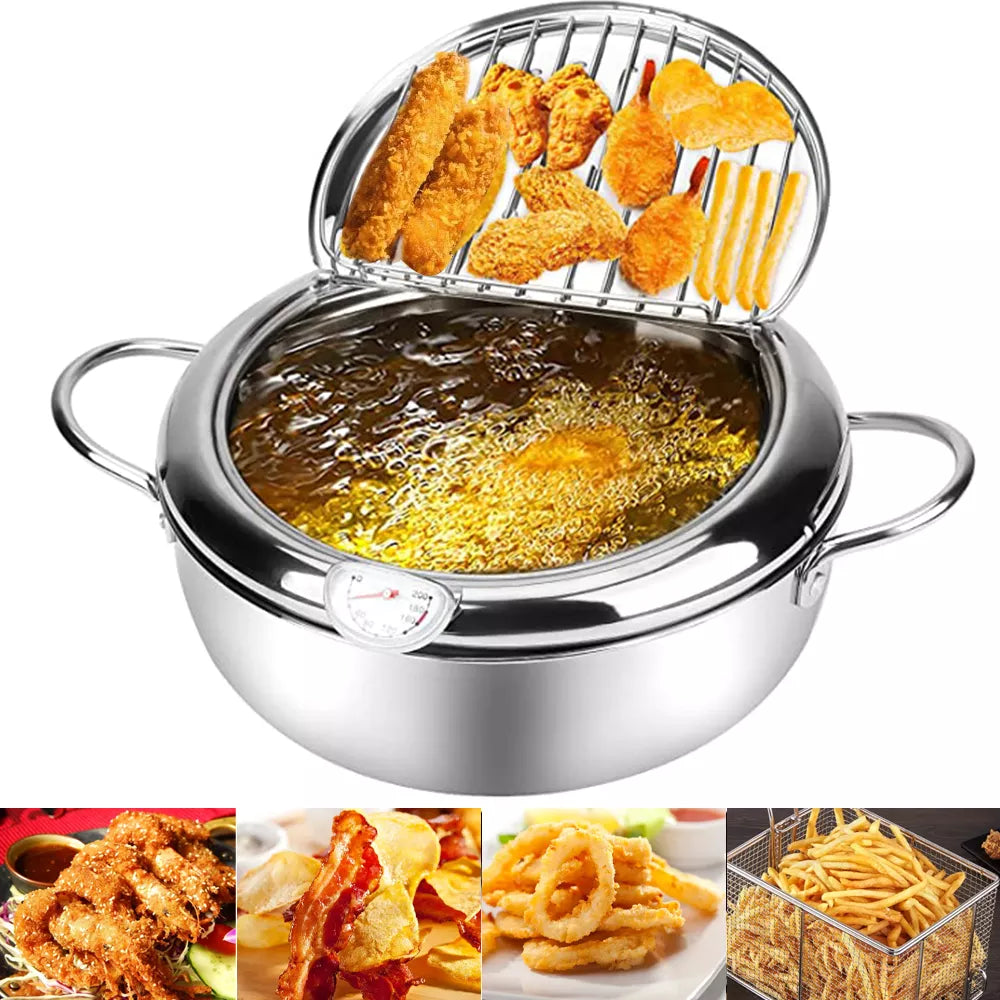 Japanese Deep Fryer With Thermometer and Lid 304 Stainless Steel Kitchen Tempura Fryer Pan Fryer Without Oil Frying Pan Fryer