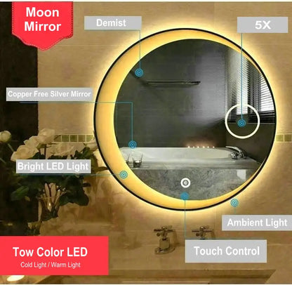 Espejo de luna con luces LED de 60cm, 70cm y 80cm, espejo plateado reflectante de alta calidad con marco de acero negro, espejo de baño redondo