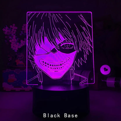 Lámpara 3d Tokyo Ghoul Ken Kaneki para decoración de dormitorio, luz nocturna, regalo de cumpleaños, luz Led nocturna acrílica, base negra de Anime