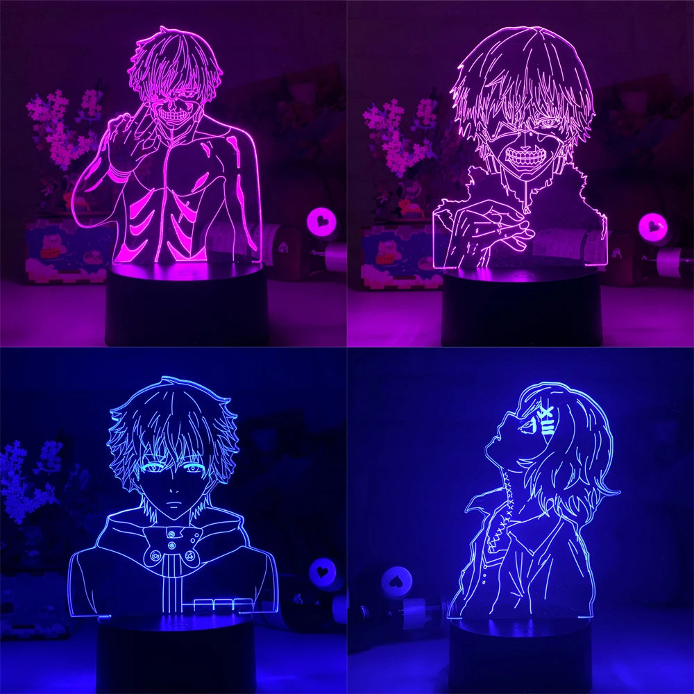 Lámpara 3d Tokyo Ghoul Ken Kaneki para decoración de dormitorio, luz nocturna, regalo de cumpleaños, luz Led nocturna acrílica, base negra de Anime