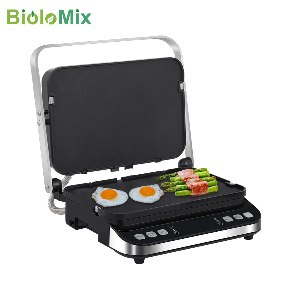 BioloMix Grill à contact électrique 2000 W, plaque de cuisson numérique et presse à panini, plaques à gaufres en option, ouvre le barbecue à 180 degrés