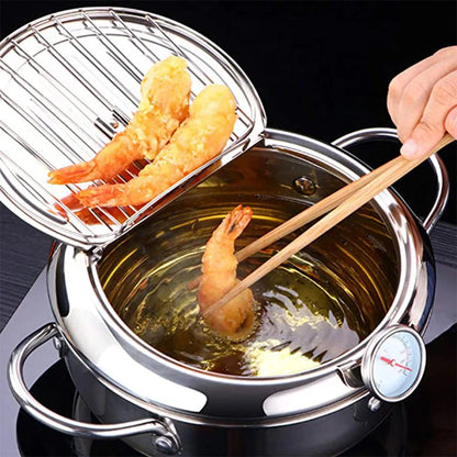 Friteuse japonaise avec thermomètre et couvercle en acier inoxydable 304, poêle Tempura de cuisine, sans huile