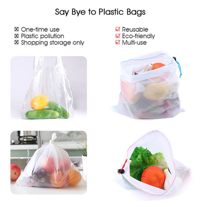 5pcs Colorful Reusable Fruit Vegetable Bags Net Bag Produce Washable Mesh Bags Kitchen Storage Bags Toys Sundries