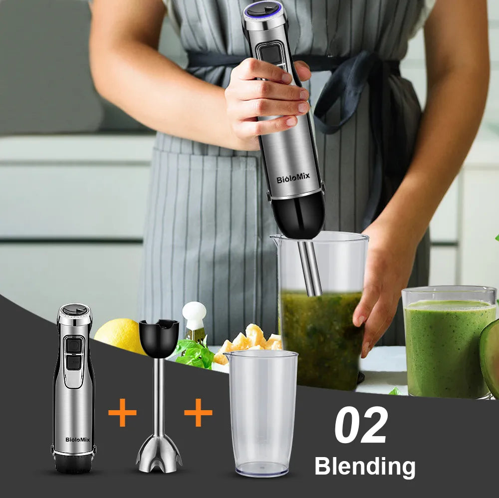 BioloMix 4 in 1 High Power 1200W Immersion Hand Stick Blender Mixer Includes Chopper and Smoothie Cup Stainless Steel Ice Blades