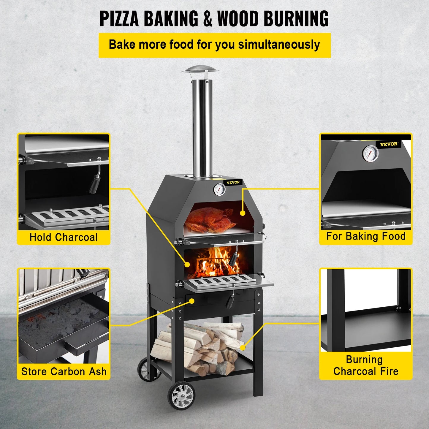 VEVOR 12" Wood Fried Pizza Oven with Wheels & Handle Labor-Saving 2-Layer Portable for Backyard Camping Site Park Outdoor Baking