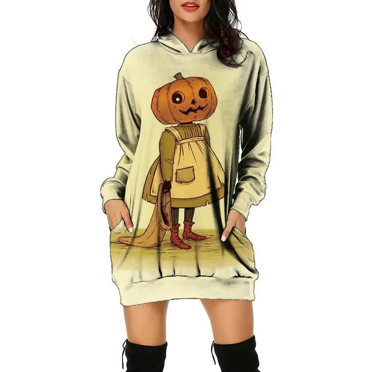 Ladies Hooded Pullover Halloween Print