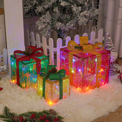 Décorations de noël en plein air éclairées, boîte-cadeau de noël lumineuse avec nœud pour vacances, arbre de noël, décor de cour de maison