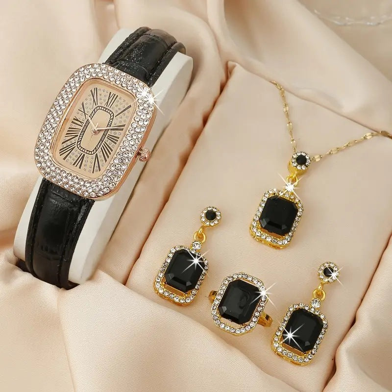 Conjunto de 4 piezas de reloj de cuarzo con cinturón de diamantes a la moda para mujer