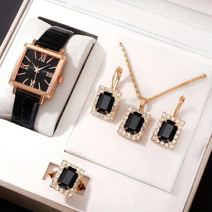 Conjunto de 4 piezas de reloj de cuarzo con cinturón de diamantes a la moda para mujer