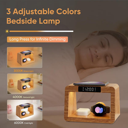 Multifunctional Bamboo Table Lamp Alarm Clock Wireless Charger