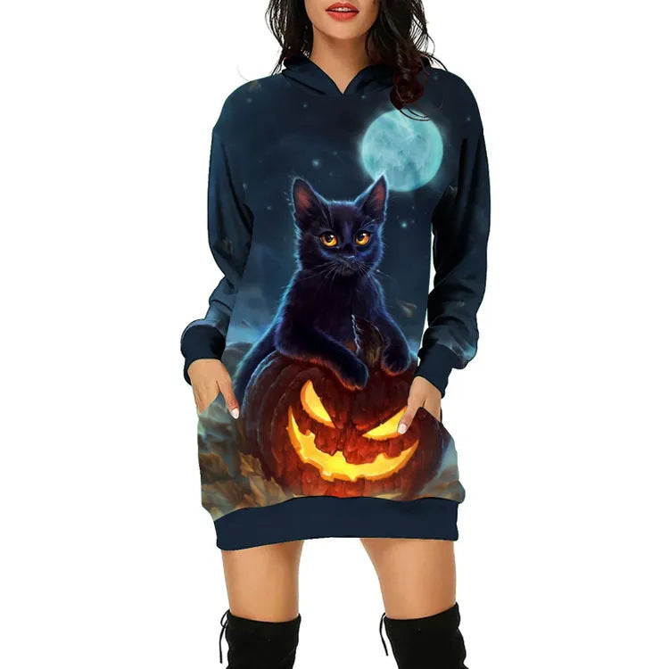 Ladies Hooded Pullover Halloween Print